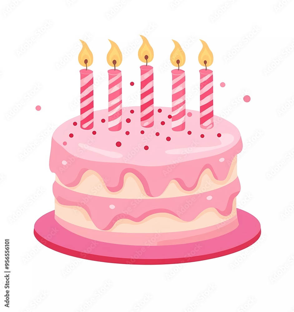 A pink birthday cake with candles, a flat vector illustration on a white background. The design is simple A pink birthday cake with candles, a flat vector illustration on a white background. The design is simple