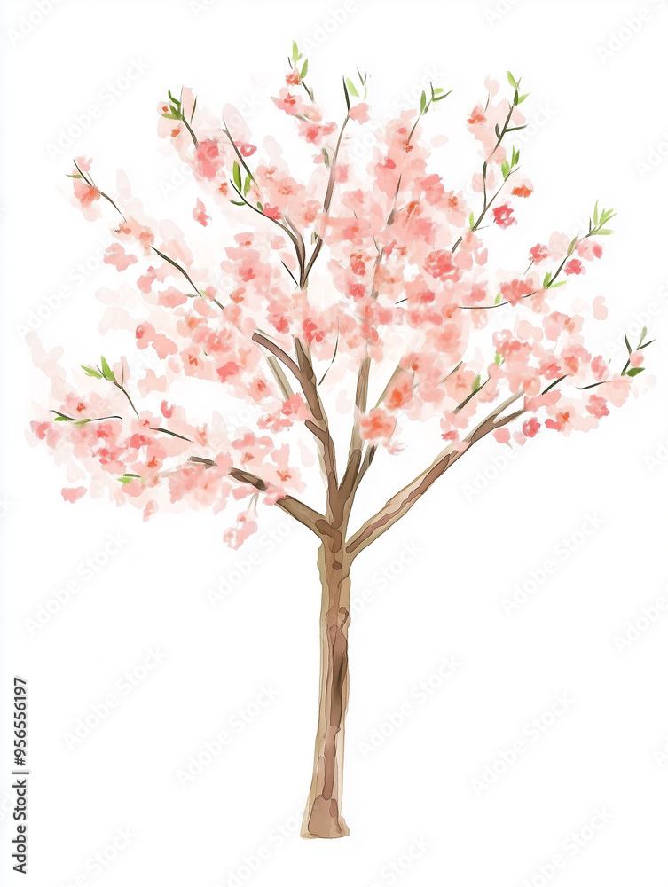 Peach tree branch with vibrant pink flowers in watercolor, blooming on a white background Peach tree branch with vibrant pink flowers in watercolor, blooming on a white background