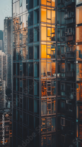 A high-rise apartment building reflects warm colors at sunset amidst a bustling city, showcasing modern architecture and vibrant urban life