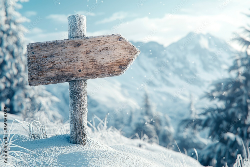 Fototapeta premium Wooden Signpost in Snowy Mountain Landscape