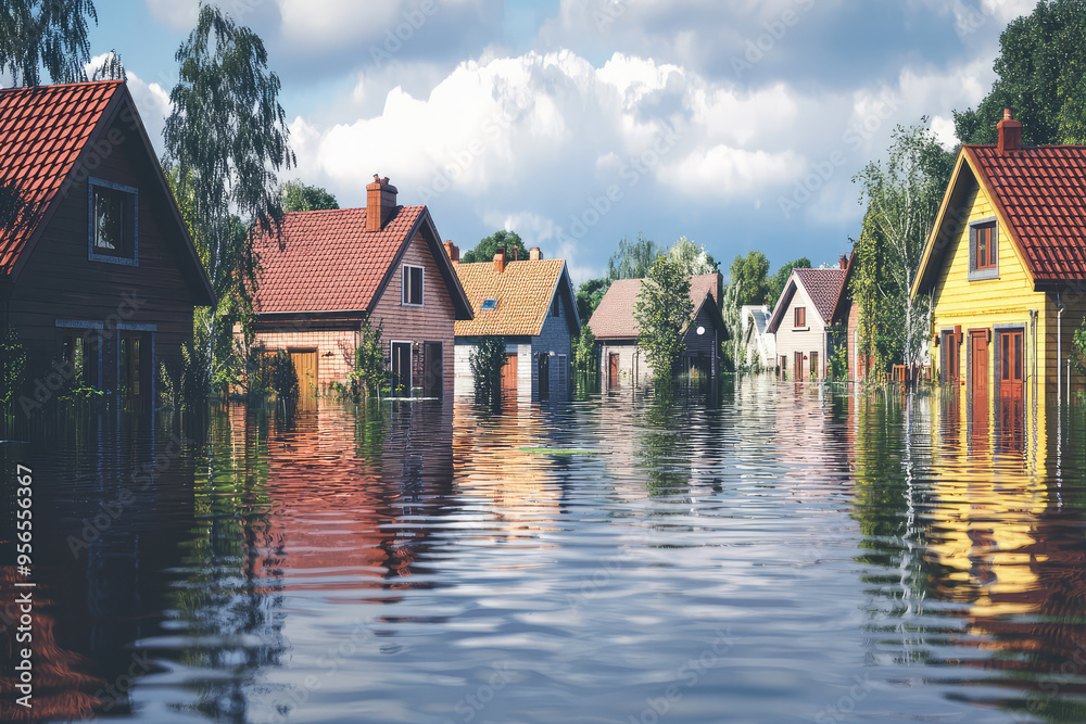 Obraz premium A Village Submerged: Homes Bathed in the Rising Waters