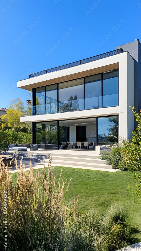 A modern two-story house features large glass windows, surrounded by greenery and a well-maintained lawn under a clear blue sky A modern two-story house features large glass windows, surrounded by greenery and a well-maintained lawn under a clear blue sky