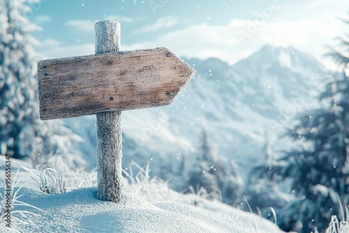 Wooden Signpost in Snowy Mountain Landscape