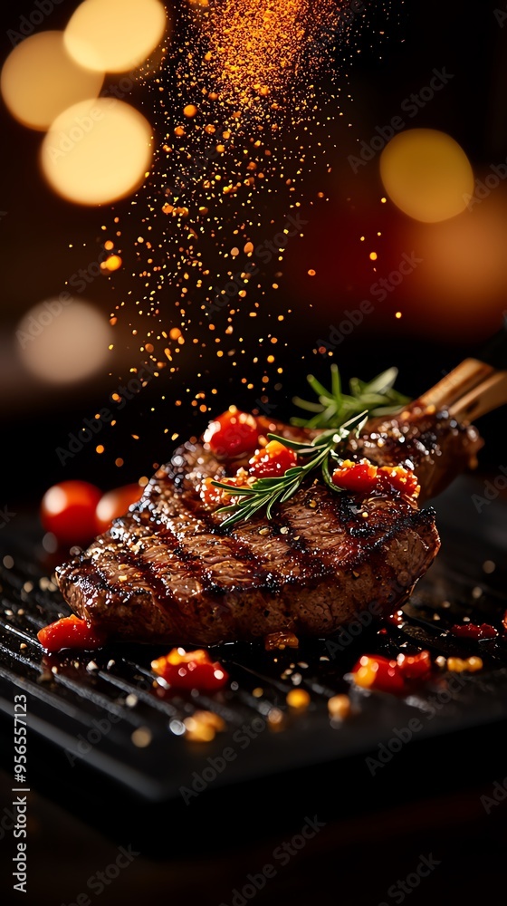 Grilled wallaby steak with a bush tomato sauce, served on a black slate plate, with a background of the Australian outback and warm, dusky lighting Grilled wallaby steak with a bush tomato sauce, served on a black slate plate, with a background of the Australian outback and warm, dusky lighting