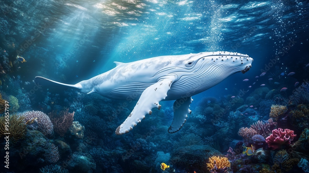 Fototapeta premium A white humpback whale glides through colorful reefs, embodying the ocean's beauty and tranquility.