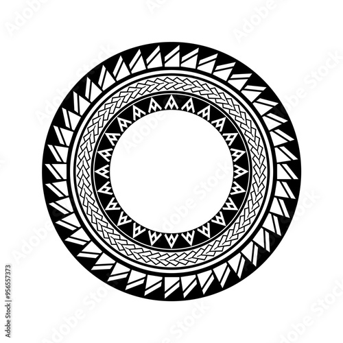 Polynesian tribal tattoo design round border. Tribal design ethnic Maori circle band. Tattoo circle band bracelet. Fabric seamless isolated hawaiian circle pattern on white background.
