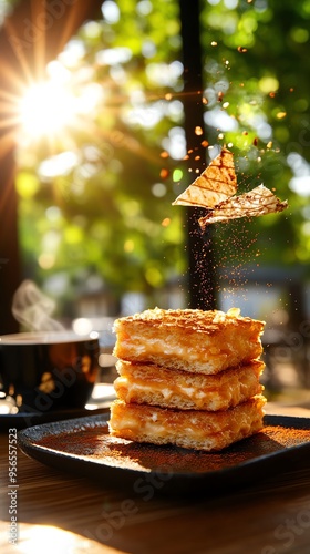 Intimate French cafe setting with a croquemonsieur, goldenbrown and oozing with cheese, paired with a small cup of espresso, morning sunlight streaming through the window photo