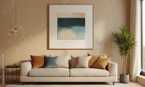 luxurious tufted sofa against beige wall with big art poster frame Minimalist home interior design