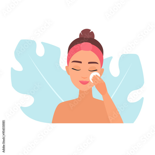 Detailed vector illustration of a woman cleansing her face with a cotton pad.