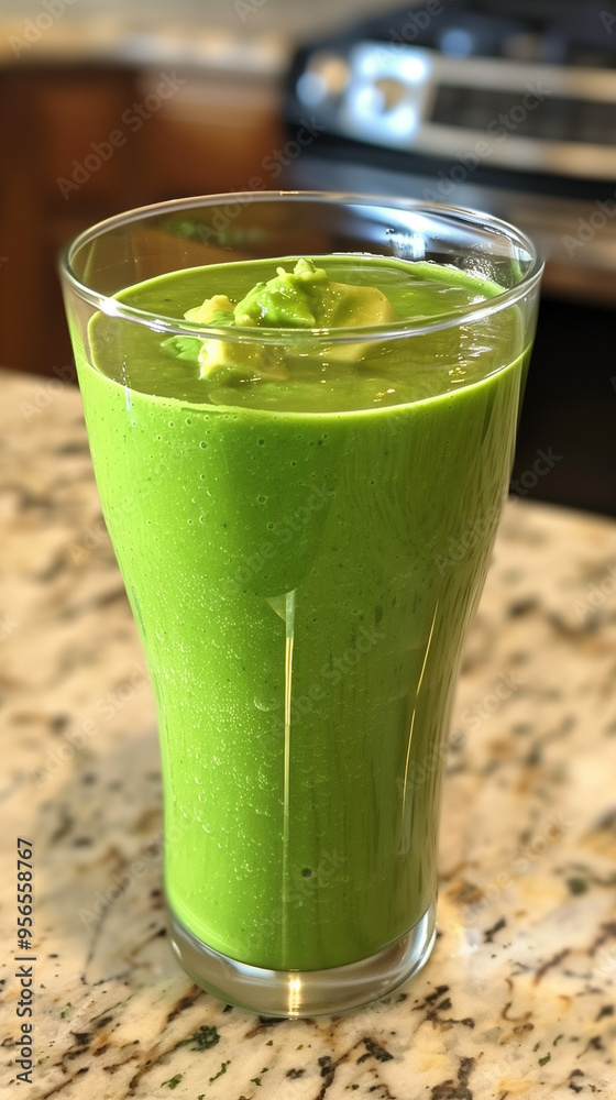 Green Avocado Smoothie in a Tall Glass on Granite Countertop Green Avocado Smoothie in a Tall Glass on Granite Countertop