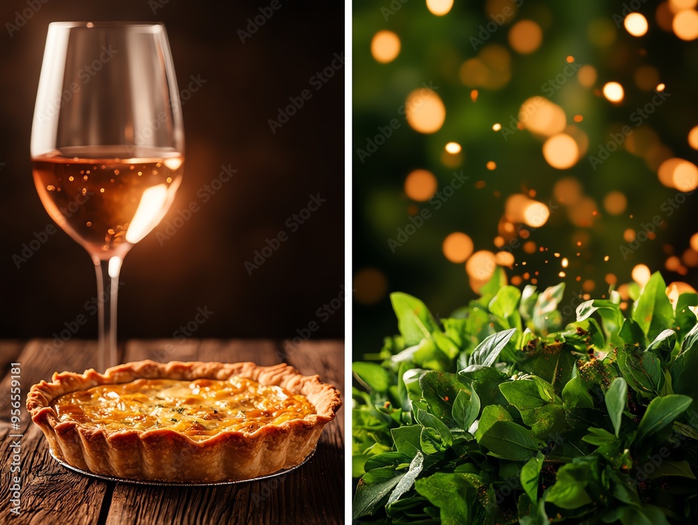 Rustic French farmhouse kitchen with a freshly baked quiche Lorraine on a wooden table Rustic French farmhouse kitchen with a freshly baked quiche Lorraine on a wooden table