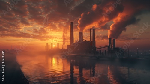 Industrial factory is releasing pollution into atmosphere at sunset, with its reflection in water