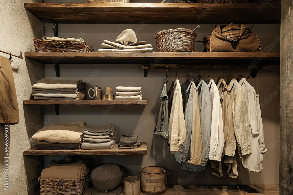 A Rustic Closet Filled with Warm Tones and Natural Textures:  Wicker Baskets, Stacked Clothes, and Wooden Shelves Create a Cozy and Inviting Atmosphere.
