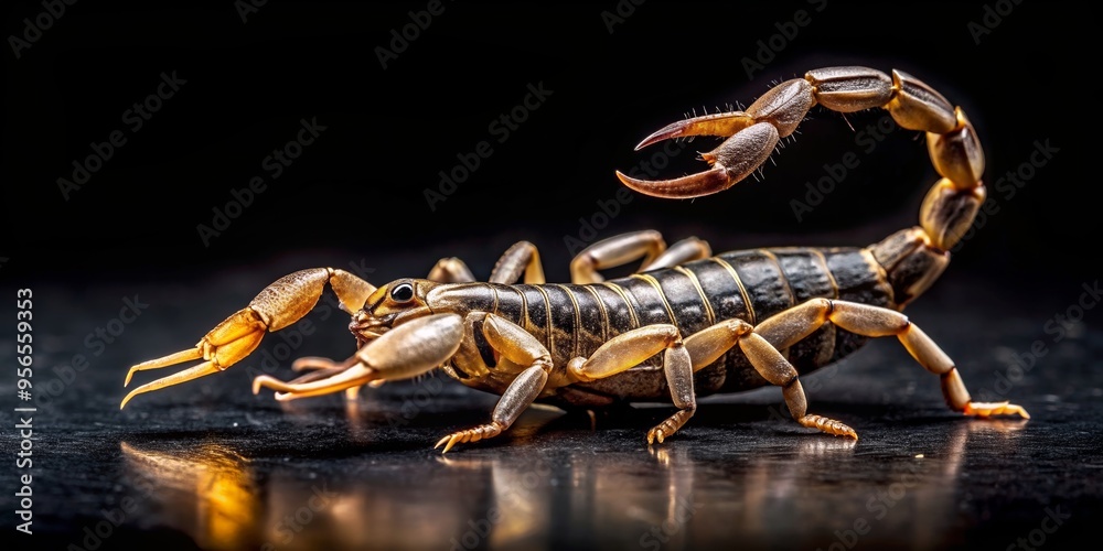 Fototapeta premium Scary scorpion crawling on a dark black background, predator, venomous, arachnid, dangerous, wildlife, insect, creepy, stinger