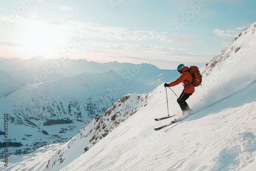 Wallpaper Mural A lone skier carves down a pristine mountain slope, the sun casting a warm glow on the snowcovered  Torontodigital.ca