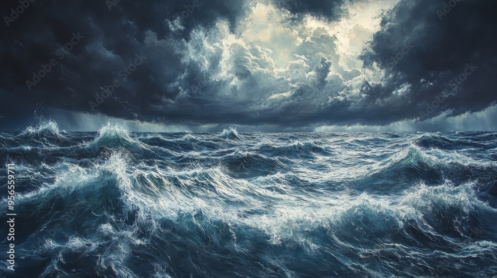 stormy sky above a choppy ocean, with dark, dramatic clouds contrasting against the frothy waves, creating a powerful and dynamic seascape stormy sky above a choppy ocean, with dark, dramatic clouds contrasting against the frothy waves, creating a powerful and dynamic seascape