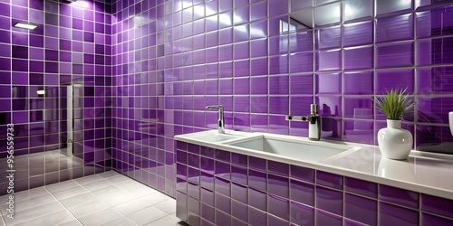 A close-up shot of glossy purple tiles in a modern bathroom , purple, tiles, glossy, texture, close-up, bathroom © Selene Studio