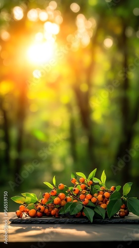 Smoked emu fillet with a wild berry sauce, garnished with saltbush leaves, plated elegantly on a slate serving dish, with a blurred eucalyptus forest backdrop photo