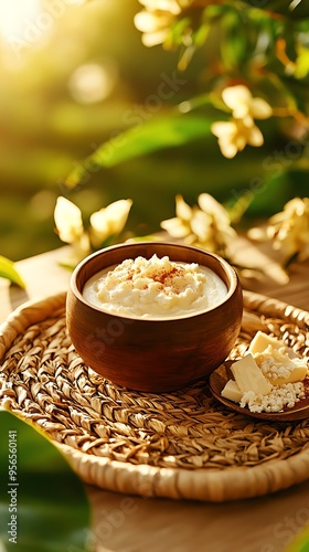 Tibetstyle yak butter tea, served in a traditional wooden bowl with a frothy, creamy top, placed on a woven mat with a side of tsampa barley flour and dried yak cheese photo