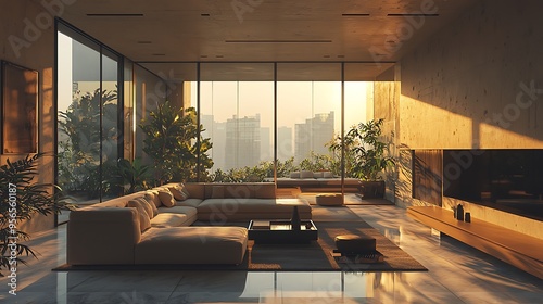 A bright living room filled with sunbeams and panoramic city vistas.