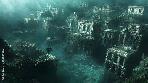 A sunken city, once thriving and now lost to the ocean, with crumbling buildings covered in coral and seaweed, and a diver exploring the remnants of a civilization long forgotten.


