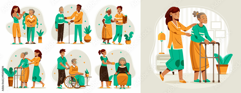 Photography Elderly care flat cartoon set
