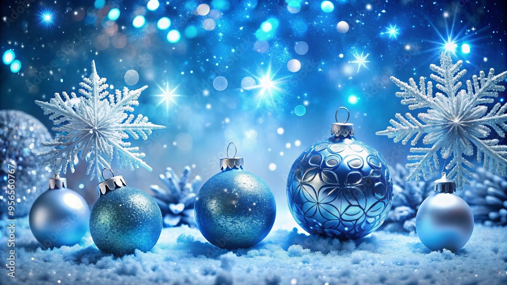 Sparkling snowflakes and shimmering ornaments dance across a vibrant blue background, set against a majestic winter wonderland scene, capturing the magic of the Christmas season. Sparkling snowflakes and shimmering ornaments dance across a vibrant blue background, set against a majestic winter wonderland scene, capturing the magic of the Christmas season.