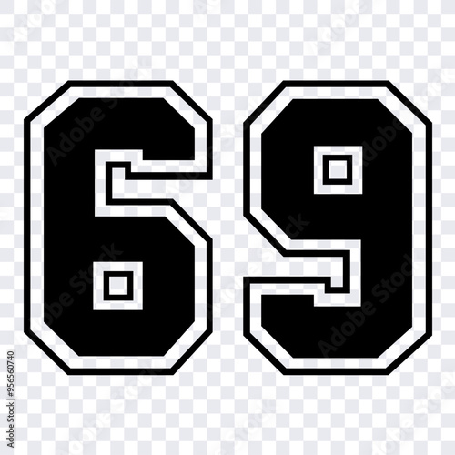 Create numerical outlines for cutting or printing purposes. Vector design of a black sports jersey featuring the number 69, presented as an isolated template.