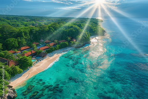 From a breathtaking aerial view, paradise beach in Bali unfolds like a vibrant tapestry, with turquoise ocean shimmering under golden rays of sun, casting a mesmerizing glow over luxurious resort nest photo