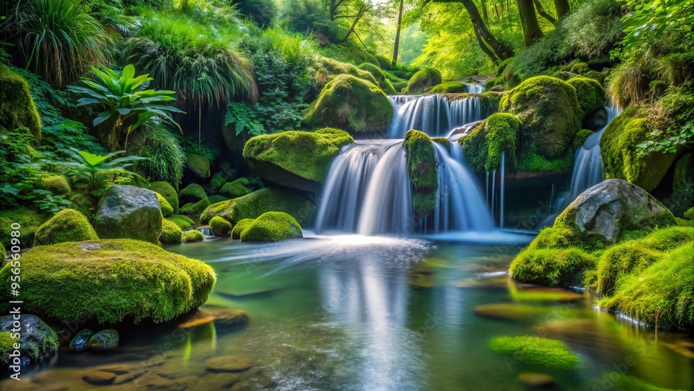 Sparkling water flows from a natural spring, surrounded by lush greenery and moss-covered rocks, creating a serene and refreshing oasis in the heart of nature. Sparkling water flows from a natural spring, surrounded by lush greenery and moss-covered rocks, creating a serene and refreshing oasis in the heart of nature.