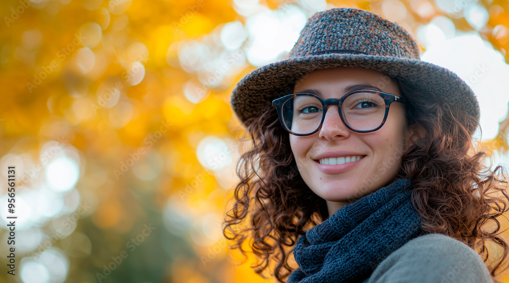 photo of a woman, glasses, medium smile, hat, autumn concept photo of a woman, glasses, medium smile, hat, autumn concept