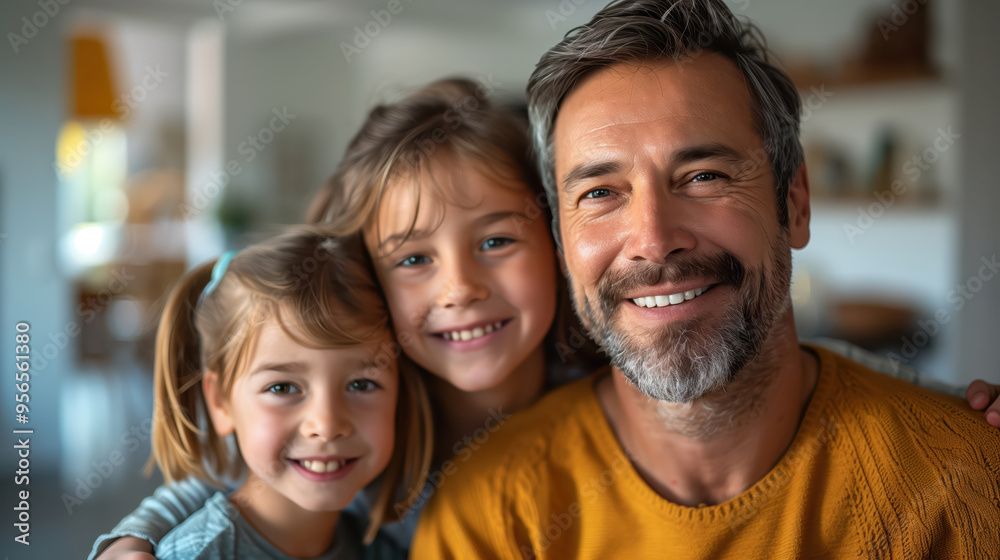 Father is sitting on a couch at home with his two daughters, hugging and smiling Father is sitting on a couch at home with his two daughters, hugging and smiling
