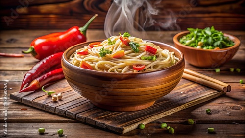Steaming hot Chinese noodles filled with vegetables and savory sauce overflow from a traditional ceramic bowl on a rustic wooden table setting. photo