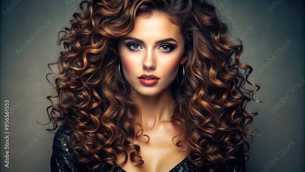 Fototapeta premium Stunning female model with luscious, curly brown hair posing confidently in a chic outfit, showcasing perfect, glowing skin and vibrant, expressive facial features.