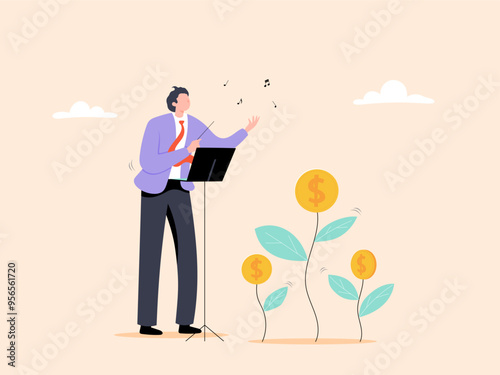 Businessman conducting the growth of money plants