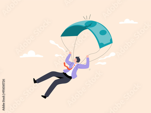 Businessman facing financial risk with a torn dollar parachute, Economic uncertainty concept