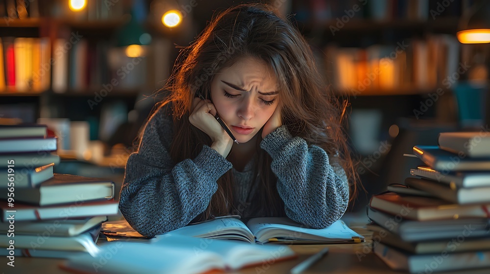 A tired student burning the midnight oil, surrounded by books in a quiet library. A tired student burning the midnight oil, surrounded by books in a quiet library.