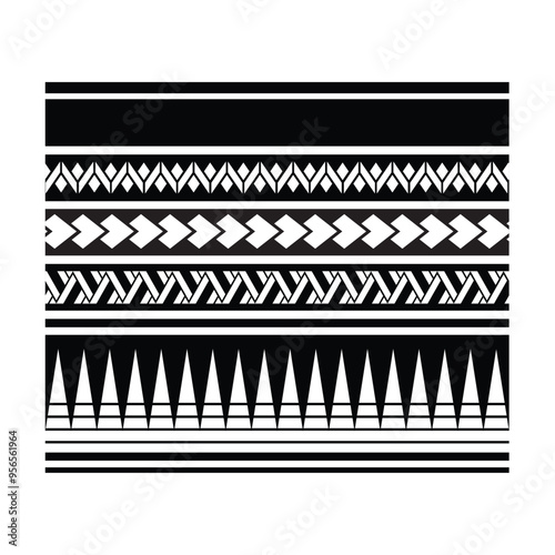 Polynesian pattern tribal tattoo border. Tribal tattoo geometric fore arm samoan band. Tattoo eps forearm samoan sleeve bracelet. Fabric seamless isolated hawaiian pattern on white background.
