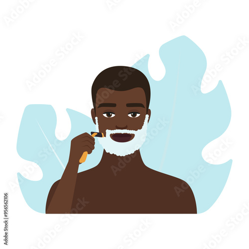 Detailed vector illustration of a man shaving with foam and razor.