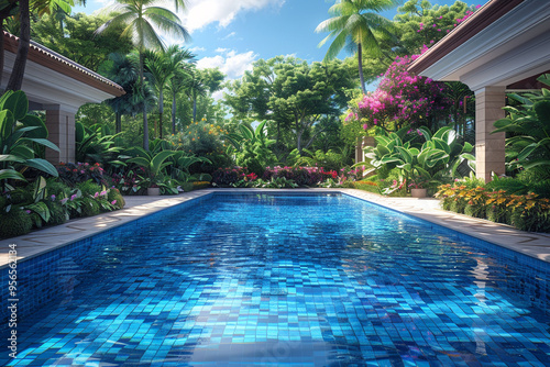 From a wide-angle view on a sunny summer day, luxurious swimming pool sparkles like a sapphire gem, surrounded by lush greenery and vibrant flowers, inviting guests to bask in warm sunlight and take r photo