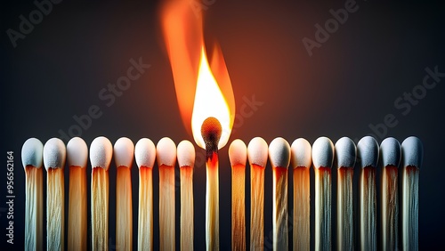 A burning match against a background of unburned matches. Many matches, one match burning among others. Concept: the leader lights up others.