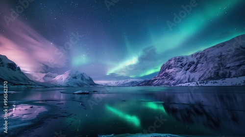 Wallpaper Mural Aurora borealis illuminating a frozen fjord with snowy mountains and a starry night sky Torontodigital.ca