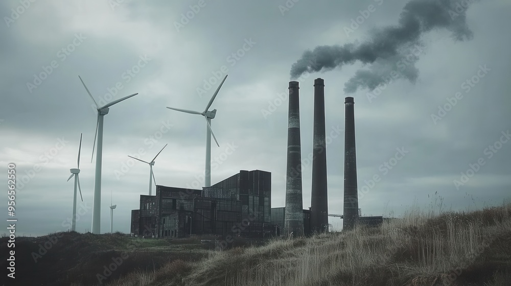 Old factories billow smoke while modern wind turbines stand tall, illustrating the shift from coal to green energy sources. Generative AI Old factories billow smoke while modern wind turbines stand tall, illustrating the shift from coal to green energy sources. Generative AI