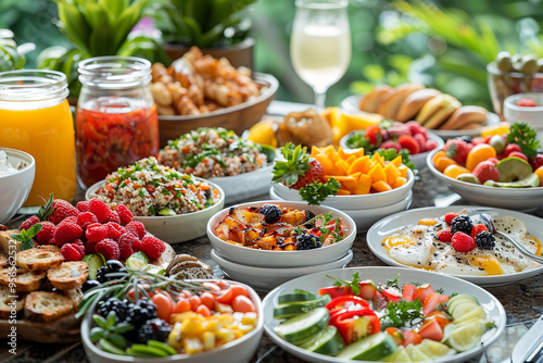 From a wide-angle view on a sunny summer morning, vibrant and luxurious vacation brunch food table at hotel suite's private terrace sprawls out, adorned with an array of delectable dishes, exuding an 