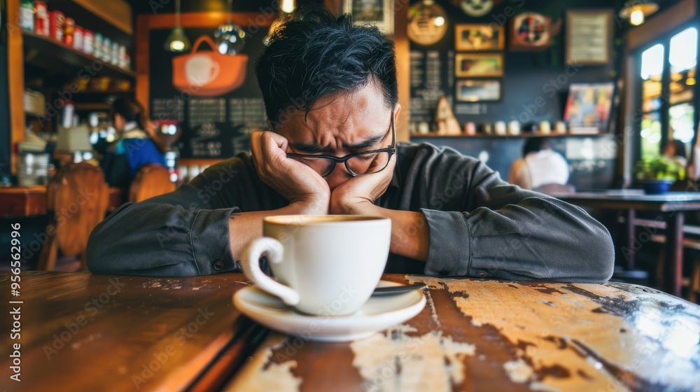 Stressed businessman sitting in a cafe during a work break, receiving bad news and experiencing anxiety, reflecting on challenges in the workplace, stress, and mental health Stressed businessman sitting in a cafe during a work break, receiving bad news and experiencing anxiety, reflecting on challenges in the workplace, stress, and mental health