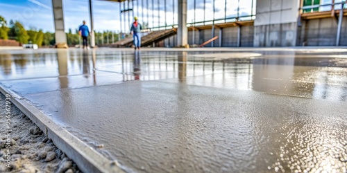 Close-up of concrete curing process showing wet surface drying and hardening , concrete, curing, process, close-up