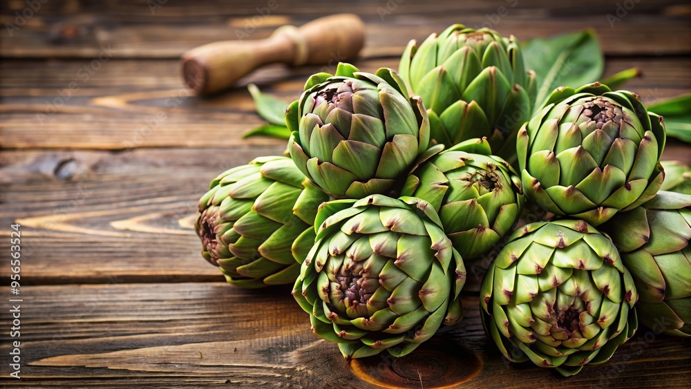Close up of several fresh artichokes on a wooden table, artichoke, vegetable, healthy, organic, food, green, farm Close up of several fresh artichokes on a wooden table, artichoke, vegetable, healthy, organic, food, green, farm