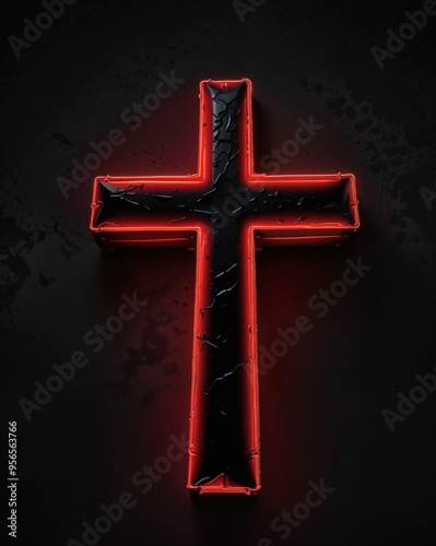 Illuminated Neon Cross Glowing in the Darkness With Reflective Surface. AI.