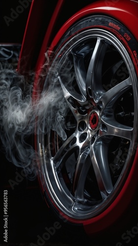 A sports car with a black tire is parked on a racetrack by AI generated image