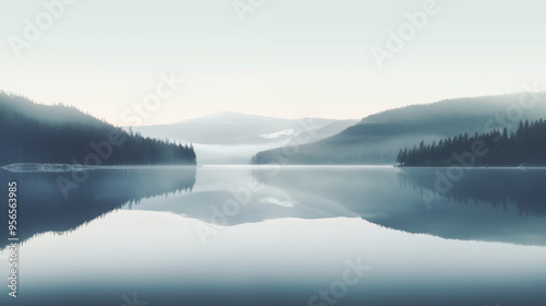 Foggy Mountain Lake with Reflections of Snow-Capped Peaks and Pines